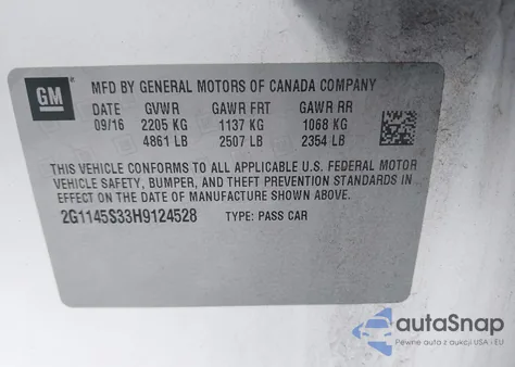 2017 Chevrolet Impala 2Lz z USA, uszkodzony, nr VIN 2G1145S33H9124528